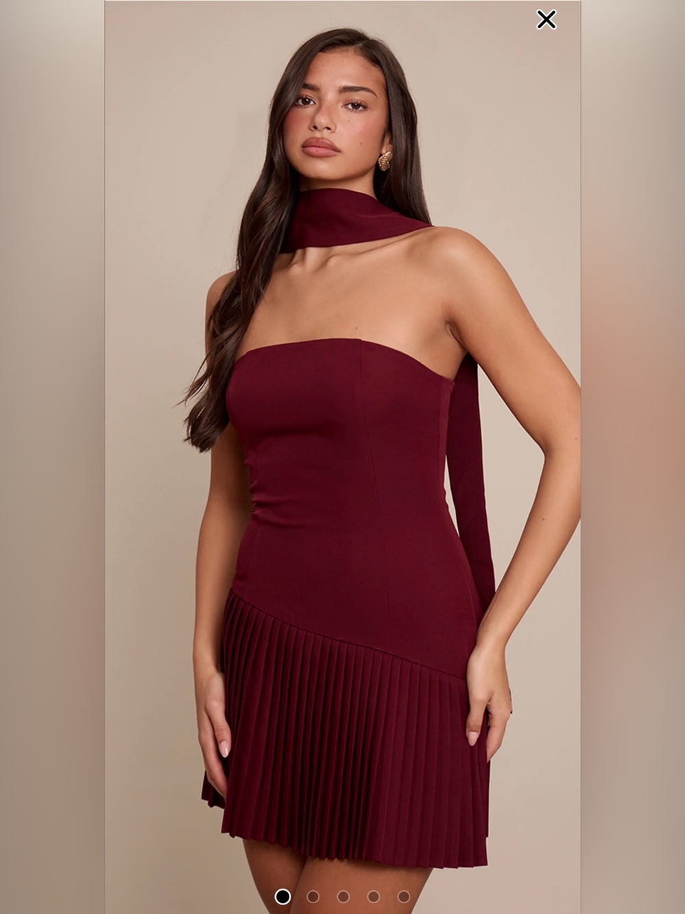 PrettyLittleThing Strapless Burgundy Pleated Mini Dress with Neck Scarf